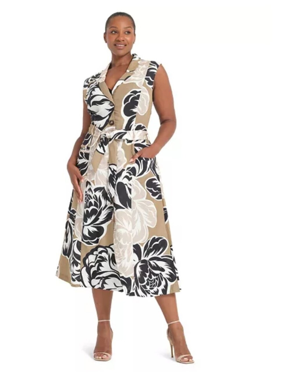 Donna Karan New York NWT Size 10 Linen Blend Floral Belted Midi Dress $199